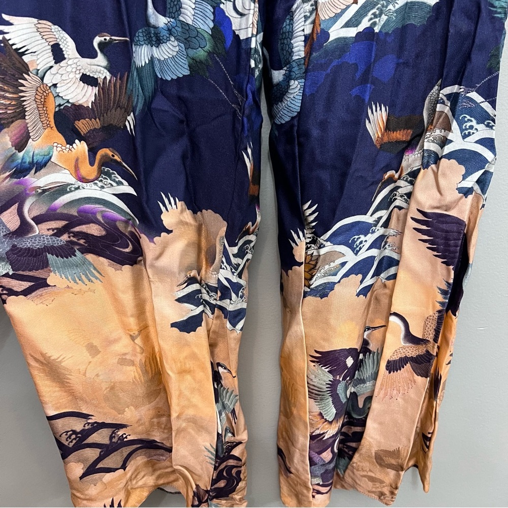 ASOS Two Tone Satin Crane Bird Print Wide Leg Pants Size 12 - Picture 3 of 10